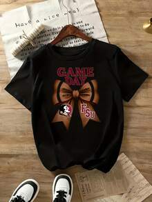 100% Cotton Fun Printed Round Neck T Shirt Game Day Florida State Seminoles Bow Tie T Shirt For Women And Men College Football Fan Apparel Black Short Sleeve Casual Top Suitable For Sports Eventsholiday Partiesoutingssports And Other Holiday Gifts - màu đen - Xem 2