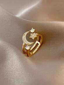 1 Pc Chic Star & Moon Rhinestone Ring - Vintage-Inspired, Perfect For Daily Wear Or Parties, Retro Style, Simple Style Style