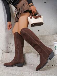 Women Faux Suede Western Knee High Boots Side Zipper Low Block Heel Autumn Winter Casual Boots - Brown - View 4