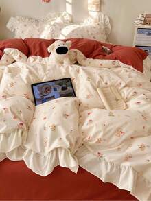 4pcs Lace Bedding Set, Soft & Comfortable Bedroom Linens, Lace Design, Cartoon Pattern, Breathable & Soft All-Season Bedding Set, Including 1 Duvet Cover, 1 Bed Sheet, 2 Pillowcases, No Filling, Suitable For Bedroom, Dorm, Home Use, Multiple Sizes Available - Red - View 9