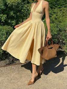 奶油黄露背中长连衣裙 | 镂空刺绣飘逸连衣裙，适合野餐和度假 - 黃色 - 查看 3