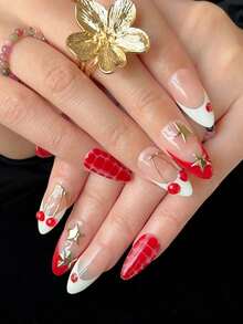 10 piezas de calcomanías de uñas con forma de almendra, manicura francesa en rojo y blanco, patrón de caparazón de tortuga pintado a mano, decoración de pentágono cromado 3D y cereza, adecuado para niñas y mujeres para uso diario, Año Nuevo, San Valentín, arte de uñas - Rojo - Ver 5