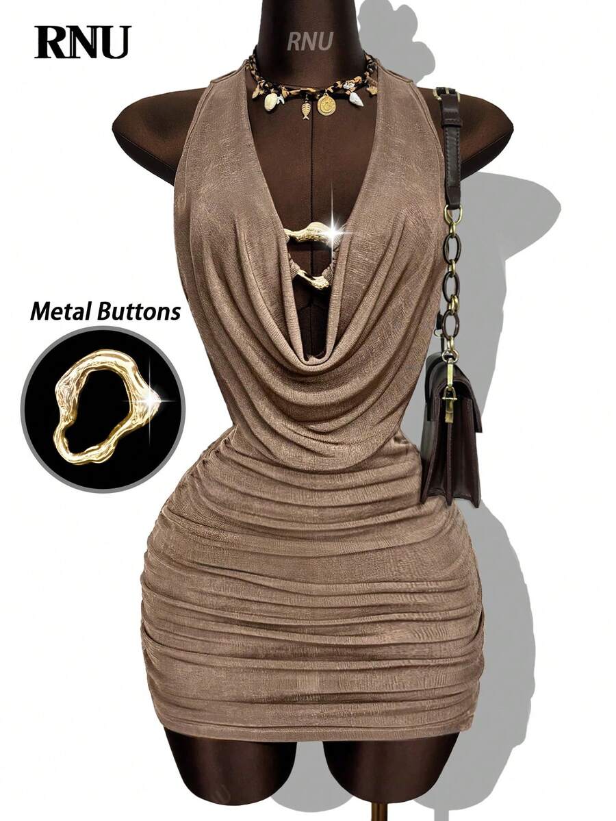 RNU 卡其棕色露背垂褶领/金属纽扣镂空/极简亮片弹力修身下摆，女士休闲夜店商务休闲音乐会服装/办公室穿着，高弹修身休闲日常/情人节/狂欢节/新年/生日连衣裙，性感夜店派对/街头/度假/旅行/约会，春夏新款迷你裙 - 咖啡棕 - 查看 1
