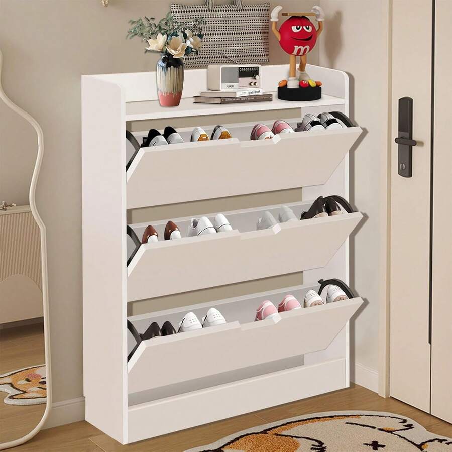 Zapatero blanco moderno y minimalista con tapa inclinada y tres niveles,perfecto para entradas y pasillos,Las asas facilitan el acceso a los zapatos. (80x17x115)