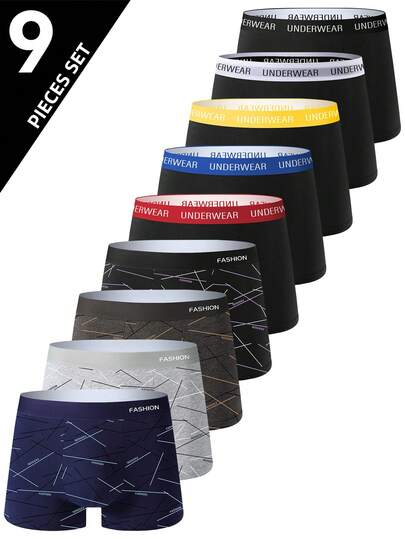 paquete de 9 calzoncillos tipo bóxer de cintura alta para hombres, serie estampada, bóxers deportivos elásticos y cómodos, ropa interior casual y duradera para uso diario
