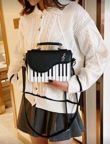Mini Piano Key Pattern Flap Square Bag Piano Guitar Music Notes Handbag, Creative PU Leather Tote Bag, Crossbody Bag For Women Girls , Small Bags - 黑與白 - 查看 2