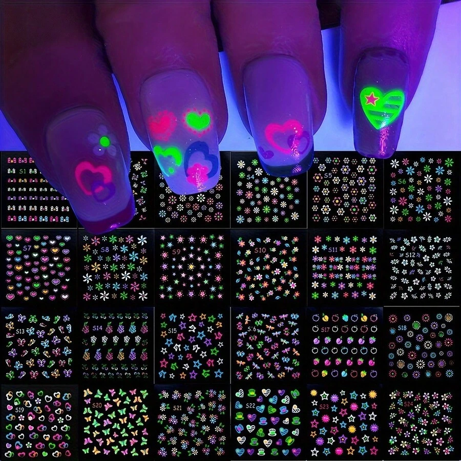 24 Sheets 3D Glow In The Dark Neon Nail Stickers Glittery Glossy Self-Adhesive Nail Art Stickers Butterfly Heart Flower Nail Art Decoration For Women Girl DIY Nail Art Deco - Multicolor - View 1