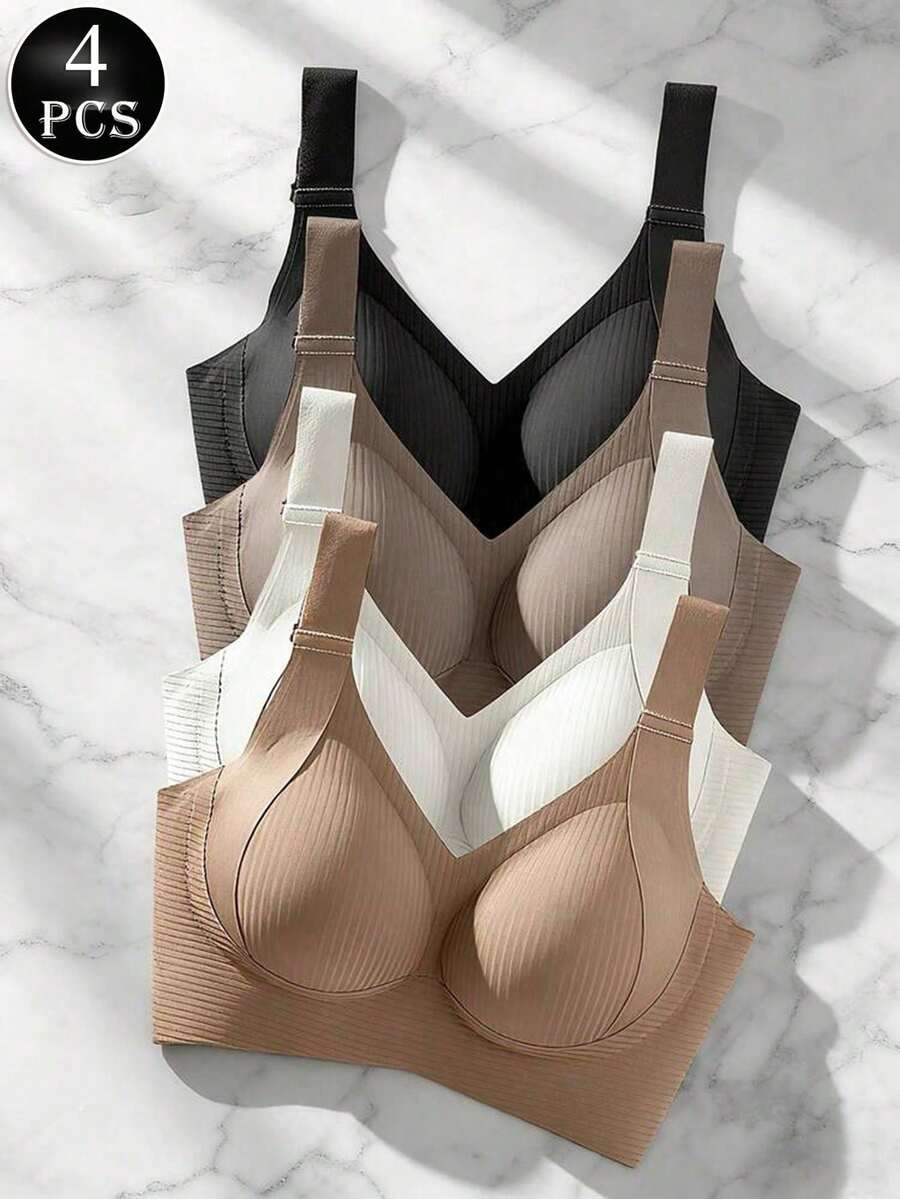 4-Piece Seamless Breathable Wireless Sports Bra For Women - Full Coverage Design, Anti-Slip Material, With Lifting And Support Functions, Comfortable To Wear, Ribbed Details, Made Of Nylon And Elastic Fiber Blend, Hand Wash. Elegant Solid Color Design. - 彩色 - 查看 1