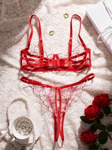 全新欧美风格女士性感内衣套装，花卉刺绣钢圈文胸和透气蕾丝边丁字裤 - 紅色 - 查看 2