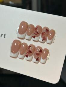 10 pièces d'autocollants pour ongles réutilisables faits à la main - Carrés moyens French Stiletto rose/nude naturel et blanc brillant, ongles à pression, design floral rose 3D en relief, convient aux femmes, pour le travail et les tenues décontractées, design élégant minimaliste, autocollants pour ongles, manucure professionnelle, autocollants de haute qualité, manucure French classique mignonne convenant aux femmes et aux filles pour le port quotidien et les fêtes, faux ongles longs recouvrants avec kit d'outils pour les ongles, excellent cadeau pour les fournitures pour ongles des femmes et des filles - Multicolore - Voir 5