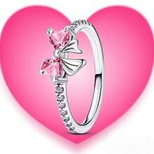 新款925银戒指，镶嵌闪亮粉色立方氧化锆蝴蝶结，正品S925银结婚戒指，精致珠宝礼品，女士之选。 - 淺粉色 - 查看 7