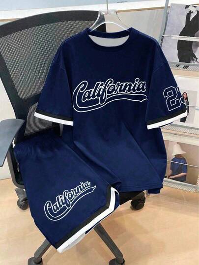 男童休闲运动复古经典23加州字母印花撞色袖T恤和短裤套装（2件套），春夏款