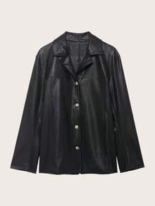 Chaqueta de piel sintética de unicolor casual con cuello, para primavera/otoño - Negro - Ver 1