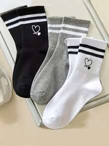 3 pares de calcetines de media pantorrilla con patrón de corazón a rayas en negro, blanco y gris, suaves y cómodos, que absorben la humedad y son resistentes a los olores, adecuados para el Día de San Valentín, ciclismo al aire deportes - Multicolor - Ver 2