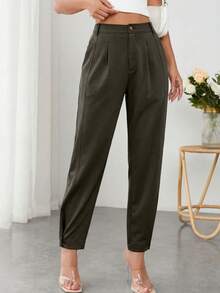 Women's Casual Elastic High Waist Button Down  Long Straight Solid Color Pants Spring Fall Business Office Work Trousers Slacks With Pockets - xanh quân đội - Xem 3