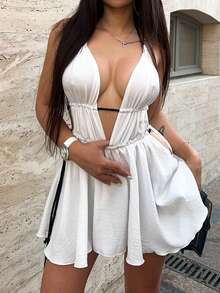 Vaiaye Women's Tie-Front Stripe Ruched Bandeau Top Short Dress,Deep V Halter Backless Camisole Mini Skirt Beach Sexy Cute Elegant Romantic Summer Dress - White - View 3