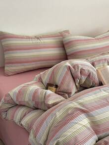 Pink Striped Pattern 4-Piece Bedding Set (1 Duvet Cover, 1 Flat Sheet, 2 Pillowcases), Minimalist Style Without Filling, Soft & Comfortable Bedroom Bedding Set, Suitable For Bedroom, Dorm, Home, Multiple Sizes Available, All Season