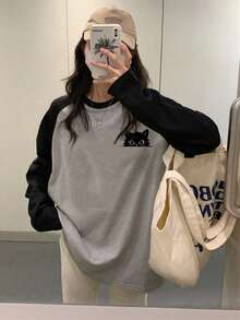 Áo thun dài tay nữ dáng rộng, phối màu, chất liệu cotton, in hình mèo hoạt hình, thích hợp cho mùa thu/đông. - Xám - Xem 3