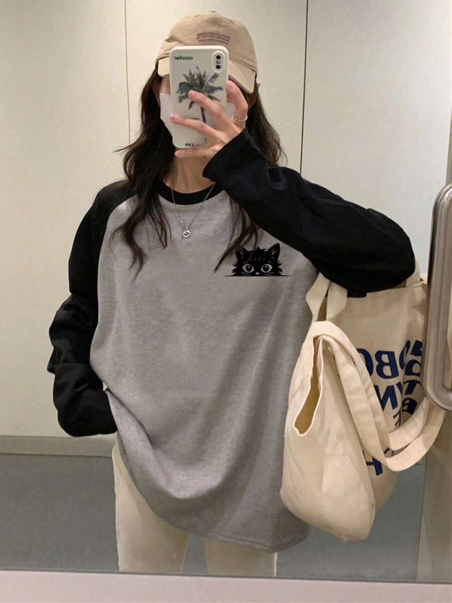 女士休闲宽松撞色纯棉长袖T恤，卡通猫咪印花，适合秋冬季穿着 - 灰色 - 查看 1