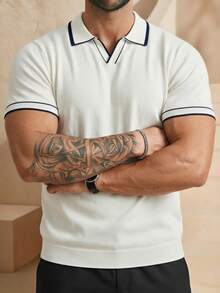 Camiseta de punto de manga corta casual y versátil con ribete de contraste para hombre - Blanco - Ver 2