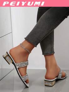 Sandalias planas con tiras de cristal paralelas para mujer, elegantes y versátiles para la playa - Plateado - Ver 7