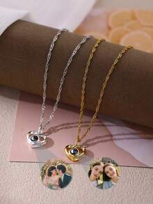 个性化创意爱情记忆投影项链，定制彩色照片吊坠，100种语言“我爱你”不锈钢颈链，生日礼物，家庭节日首饰，圣诞礼物（送给妻子） - 款式1-銀色 - 查看 3