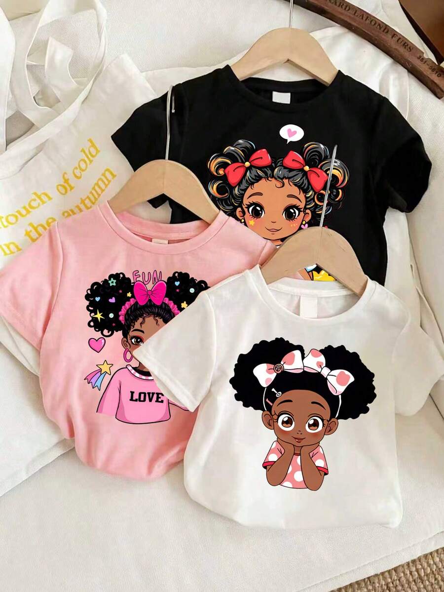 3pcs Young Girl Cartoon Print Short Sleeve Tee - Multicolor - View 1