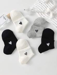5 Pairs Random Color Kids' Black, White, Gray Heart Solid Color Breathable Mesh Elastic Casual Socks, Suitable For Daily Wear - Multicolor - View 3
