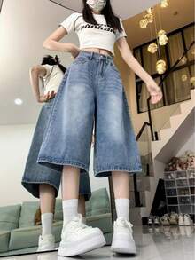 夏季复古美式高街宽松直筒七分牛仔裤，无弹力面料，高腰休闲款 - 中等水洗藍 - 查看 6