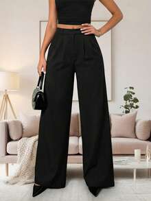 SDNGED 高腰阔腿裤女款，黑色宽松直筒裤，优雅办公服饰 - 黑色 - 查看 3