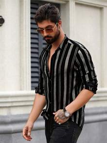 Men's Striped Print Button Front Casual Long Sleeve Shirt - Black and White - View 4