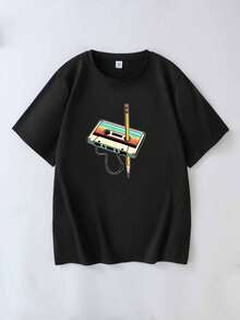 Áo thun nữ tay ngắn cổ tròn trơn in hình băng cassette và bút chì phong cách retro, kiểu dáng rộng rãi, thoải mái. - màu đen - Xem 2