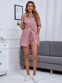TIN Casual traje de camisa para mujeres de una sola , bolsillo y hombros monocromáticos caídos - Rosa - Ver 3