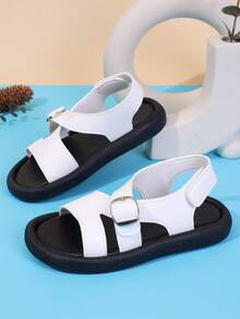 1 Pair Unisex New Style PU Hook And Loop Design Flat Cute Sandals, Soft Bottom Non-Slip Children Beach Shoes, Fashion Versatile Baby Toddler Sandals, Suitable For Summer - White - View 3