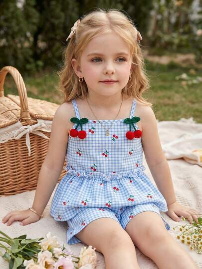 BASUSARRI Girls' Peach Print Plaid Vest Top And Shorts Set, Fashionable, Cute, Versatile, Breathable Summer Outfit