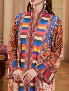 Ramadan Middle Eastern Ramadan Long Robe V-Neck Long Sleeve Dress, Print For Daily, Festival, Party Wear - Red - View 4