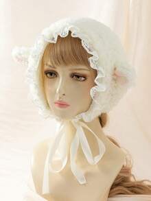 1pc Women's White Lace & Ear Warmer Hat, Cute Cartoon Lamb Design, Soft & Warm, All-Match Halloween Winter Fall Valentine's Day Valentines - White - View 1