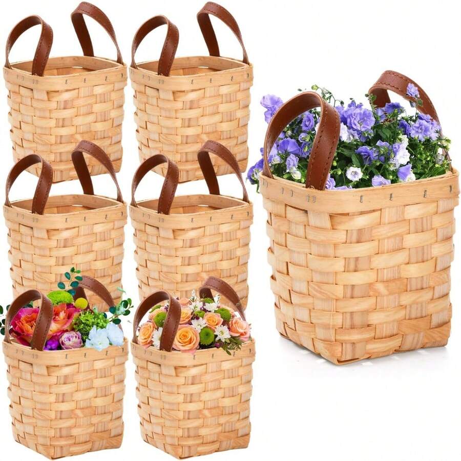 Small Wicker Basket With Handle, Woodchip Baskets For Gifts Empty, Rustic Style Basket Flower Baskets For Wedding Home Party Decor Easter Gift Packing - Default - View 1