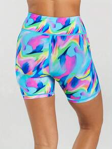 Pantalones cortos deportivos casuales básicos con estampado de teñido anudado para mujer de talla grande, pantalones cortos de yoga de cintura alta con bolsillo para teléfono, adecuados para regalos de Navidad, Año Nuevo, Día de San Valentín, correr, entrenamiento, fitness, uso diario, verano - Azul - Ver 4