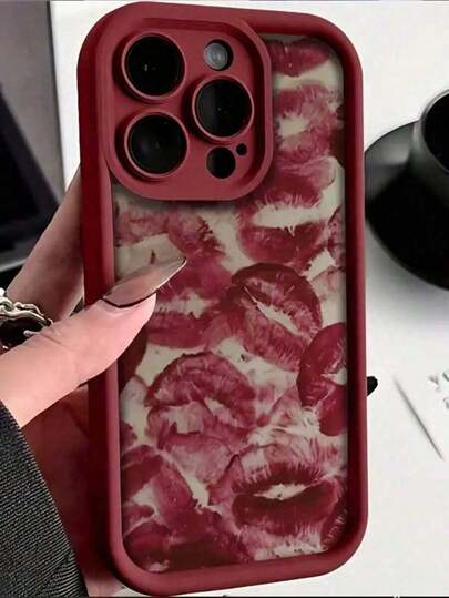 1pc Gray Background Black Lips Shock Absorbing Protective Phone Compatible With 15/15 Pro/14/13/12/11//8/XS/11 Pro Waterproof Anti-Fall Scratch ResistantFOR-YOUR-BELOVED-PHONE Gifts Gifts Valentine's Day