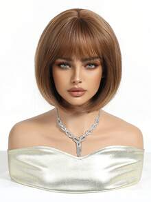 10 Inch Short Straight Wig, Women's Elegant Brown Heat-Resistant Synthetic Wig With Bangs, Bob Hairstyle, Suitable For Everyday Wear - 深棕色 - 查看 6