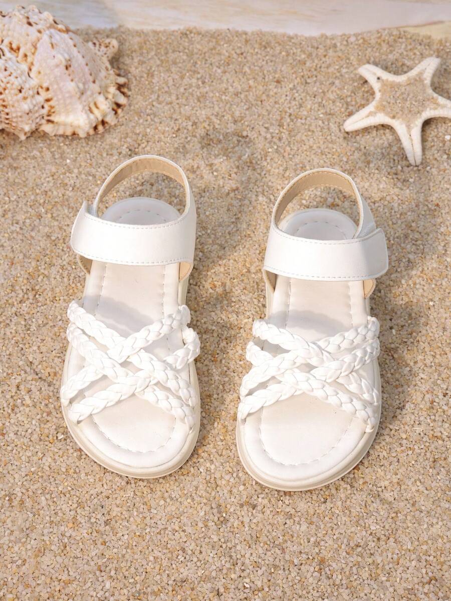 1 Pair Kids' Textured Braided Strap Sandals | Lightweight Anti-Slip Flat Open-Toe Daily Beach Shoes For Girls Summer - White - View 1