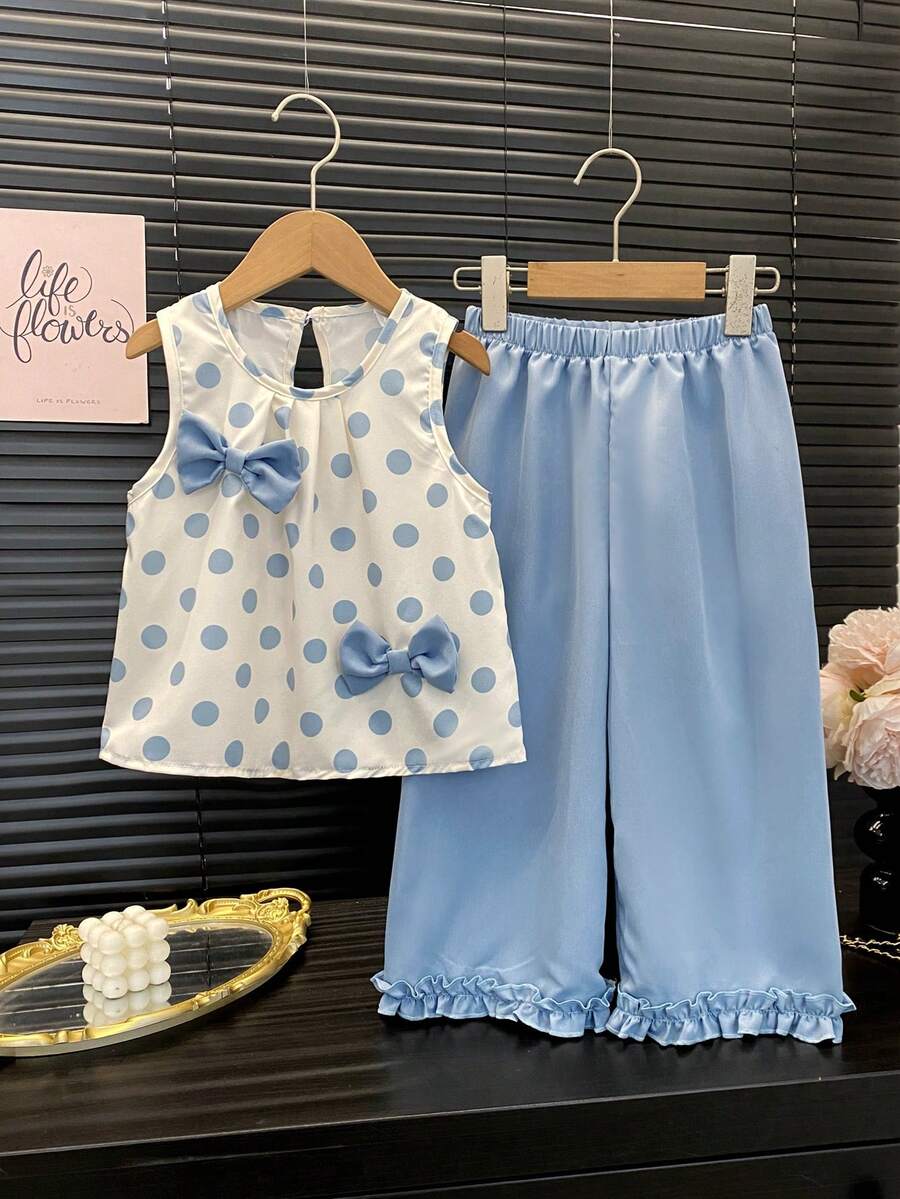 2 pezzi/set Outfit casual per ragazze, top e pantaloni set di moda per giovani ragazze con decorazione a pois e fiocco, estivo - Blu - Visualizzare 1