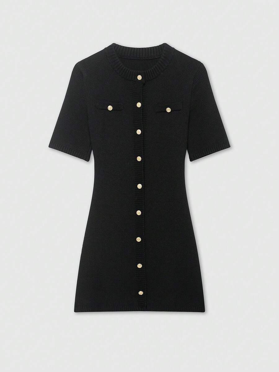 Fransk figurnära stickad klänning med knappar - Svart - Visa 1