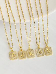 1pc Exquisite Shiny Stainless Steel Chain Full Zirconia Square-Shaped Initial Letter Gold Necklace For Girls Personalized Alphabet Clavicle Chain Stainless Steel Necklace Idea Gift For Christmas Birthday Anniversary Valentine's Day Mother's Day For Daily Casual - Gold - View 6