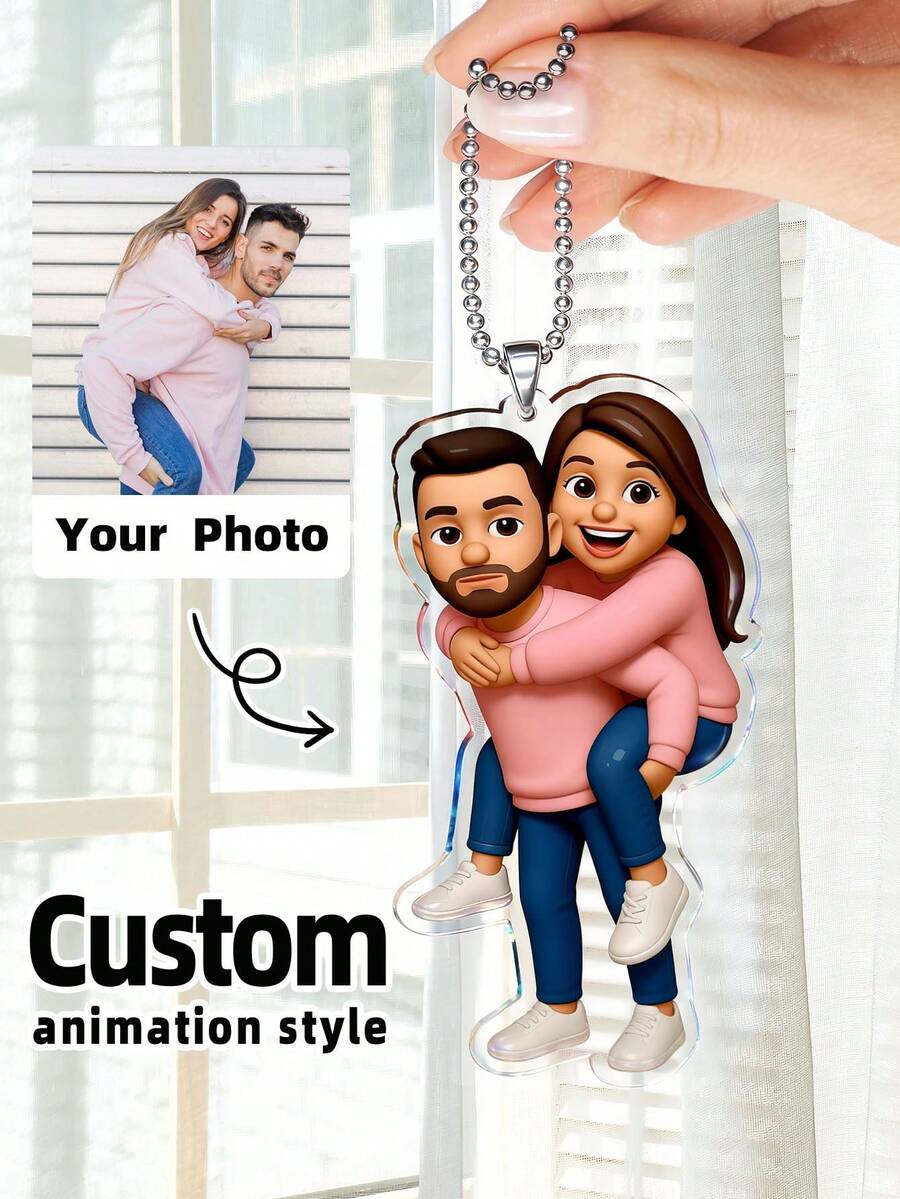 1-4pcs Custom Acrylic Pendants & Portrait Ornaments - Personalized Digital Art With Metal Chain, Photo To Cartoon Wedding Keepsake, Anniversary Gift, For Special Someone, Couples, Family, Multi-Functional Durable Reusable Wall Decor - Ideal Wedding, Birthday, Valentine's Day, Anniversary - Red and White - View 1