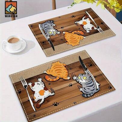 1set/1pc/4pcs/6pcs Three Kittens Pattern Placemats, Rectangular Machine Washable, Polyester Placemats, Table Protectors, Dining Room Decorations, Table Decorations, Party And Daily Decoration