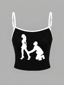 LOVE JOYY Neues Damen-Figurenprint Y2K Ästhetik Trägerhemd, geeignet für den täglichen Sommertragen - Schwarz und Weiss - Übersicht 8