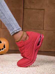 新款春夏系带红色真皮户外跑步鞋，时尚纯色简约步行鞋，男女通用运动鞋，舒适透气厚底缓震运动鞋，适合新年、春季、复活节、圣诞节、万圣节等场合。 - 紅色 - 查看 6