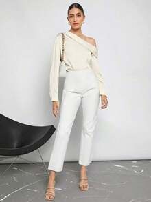 Blusa de satén con cuello asimétrico y volantes para mujer, camisa elegante de manga larga para el trayecto urbano, casual de negocios y ocasiones formales - Albaricoque - Ver 8